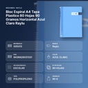 BLOC ESPIRAL A4 TAPA PLASTICO 80 HOJAS 90 GRAMOS HORIZONTAL AZUL CLARO RAYLU - resumen de atributos