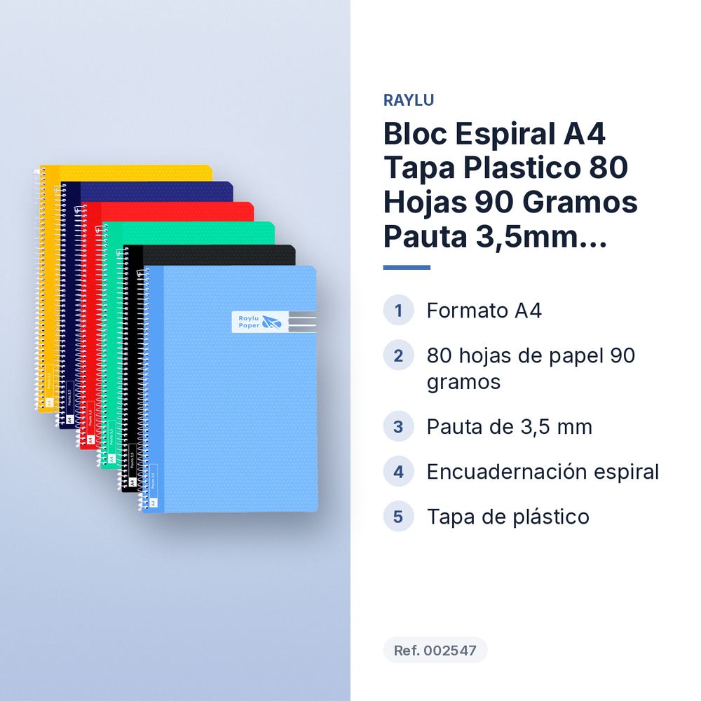 BLOC ESPIRAL A4 TAPA PLASTICO 80 HOJAS 90 GRAMOS PAUTA 3,5MM COLORES SURTIDOS RAYLU - características principales