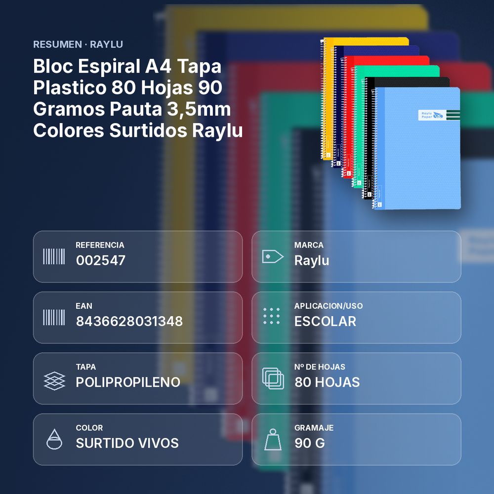 BLOC ESPIRAL A4 TAPA PLASTICO 80 HOJAS 90 GRAMOS PAUTA 3,5MM COLORES SURTIDOS RAYLU - resumen de atributos