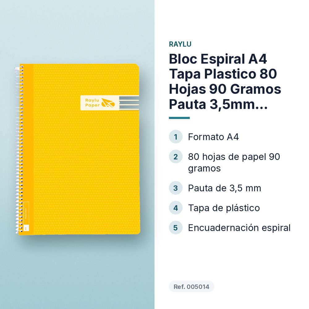 BLOC ESPIRAL A4 TAPA PLASTICO 80 HOJAS 90 GRAMOS PAUTA 3,5MM AMARILLO RAYLU - características principales