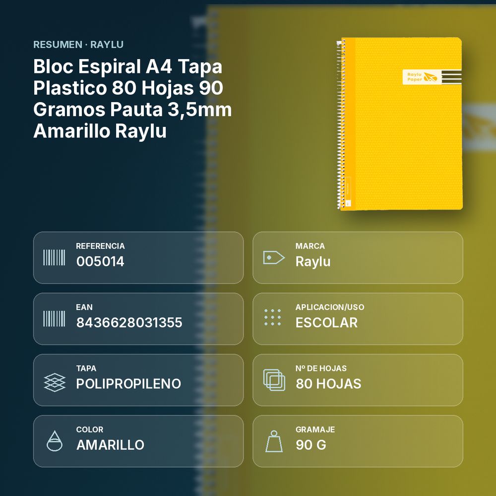BLOC ESPIRAL A4 TAPA PLASTICO 80 HOJAS 90 GRAMOS PAUTA 3,5MM AMARILLO RAYLU - resumen de atributos