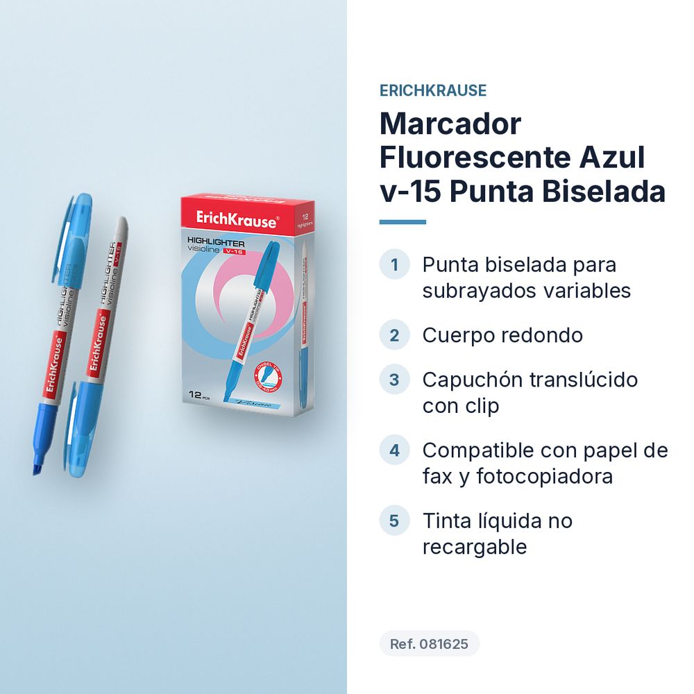 MARCADOR FLUORESCENTE AZUL V-15 PUNTA BISELADA - características principales