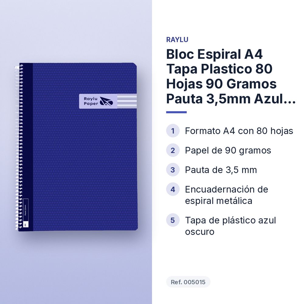 BLOC ESPIRAL A4 TAPA PLASTICO 80 HOJAS 90 GRAMOS PAUTA 3,5MM AZUL OSCURO RAYLU - características principales