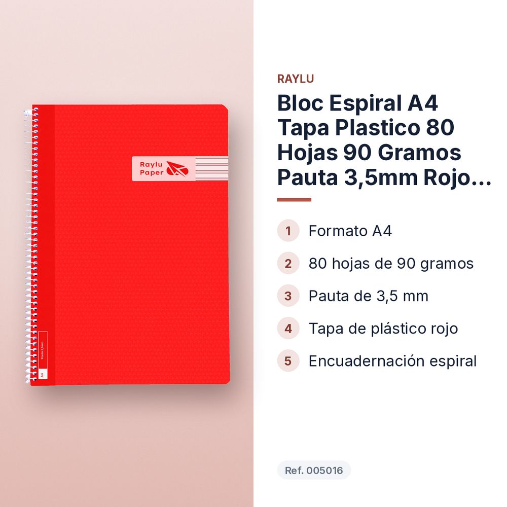 BLOC ESPIRAL A4 TAPA PLASTICO 80 HOJAS 90 GRAMOS PAUTA 3,5MM ROJO RAYLU - características principales
