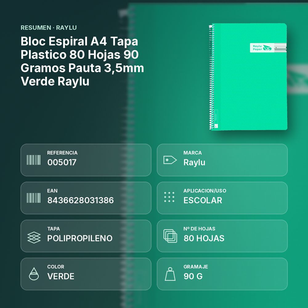 BLOC ESPIRAL A4 TAPA PLASTICO 80 HOJAS 90 GRAMOS PAUTA 3,5MM VERDE RAYLU - resumen de atributos