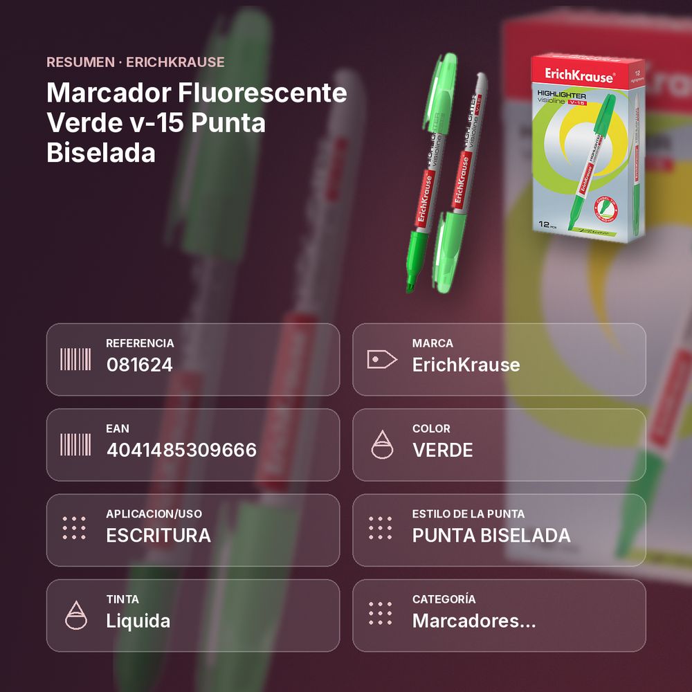 MARCADOR FLUORESCENTE VERDE V-15 PUNTA BISELADA  - resumen de atributos
