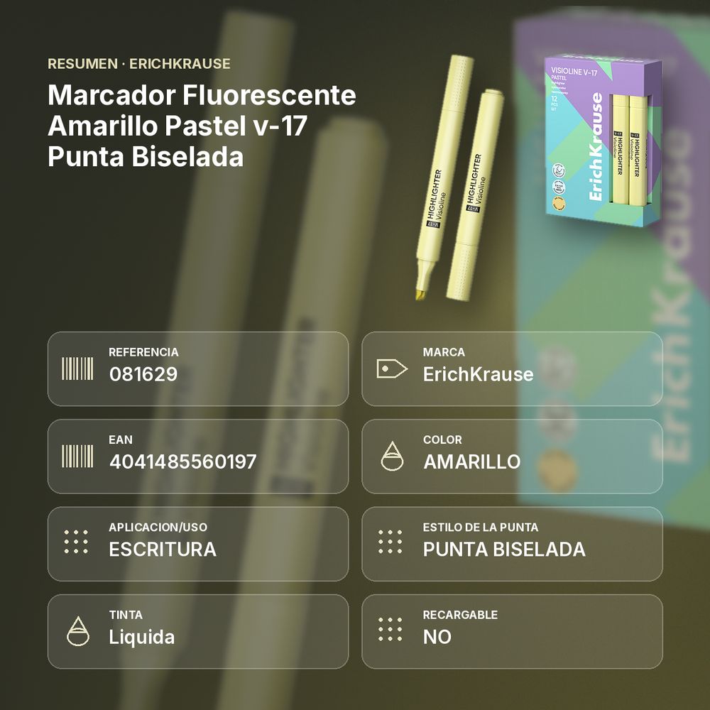 MARCADOR FLUORESCENTE AMARILLO PASTEL V-17 PUNTA BISELADA  - resumen de atributos
