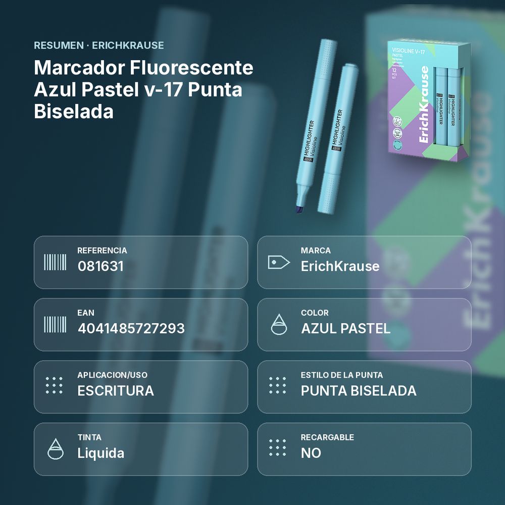 MARCADOR FLUORESCENTE AZUL PASTEL V-17 PUNTA BISELADA - resumen de atributos