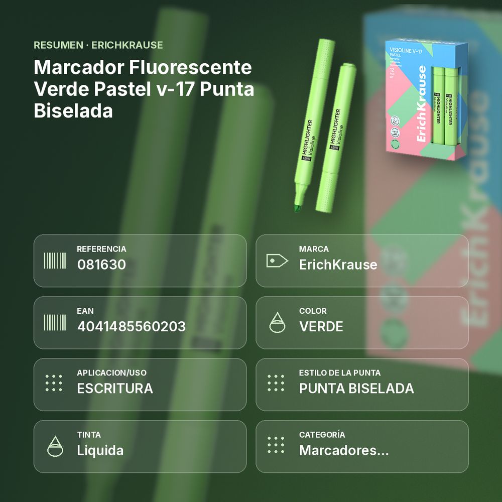 MARCADOR FLUORESCENTE VERDE PASTEL V-17 PUNTA BISELADA  - resumen de atributos