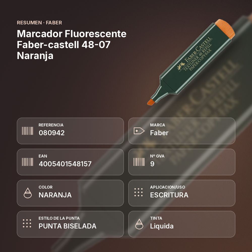 MARCADOR FLUORESCENTE FABER-CASTELL 48-07 NARANJA - resumen de atributos