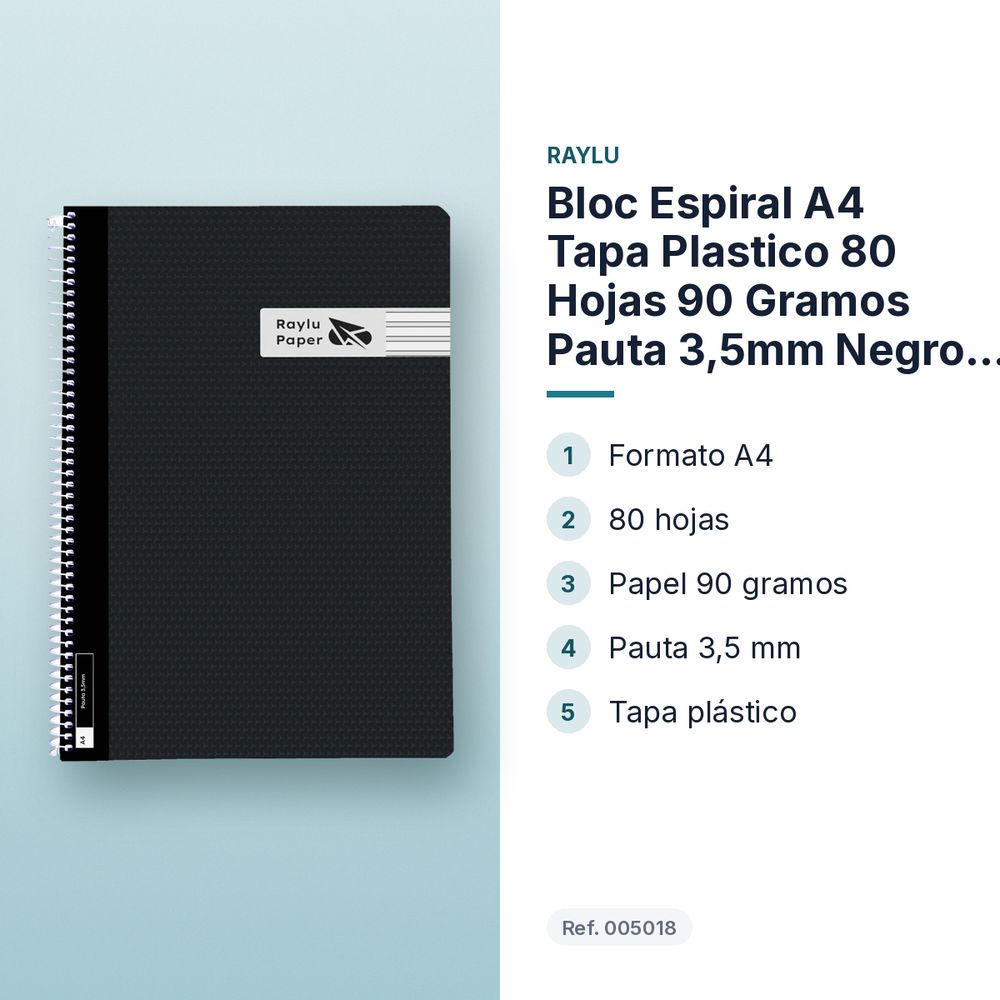 BLOC ESPIRAL A4 TAPA PLASTICO 80 HOJAS 90 GRAMOS PAUTA 3,5MM NEGRO RAYLU - características principales