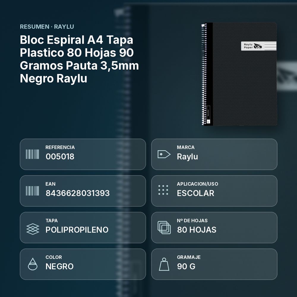 BLOC ESPIRAL A4 TAPA PLASTICO 80 HOJAS 90 GRAMOS PAUTA 3,5MM NEGRO RAYLU - resumen de atributos