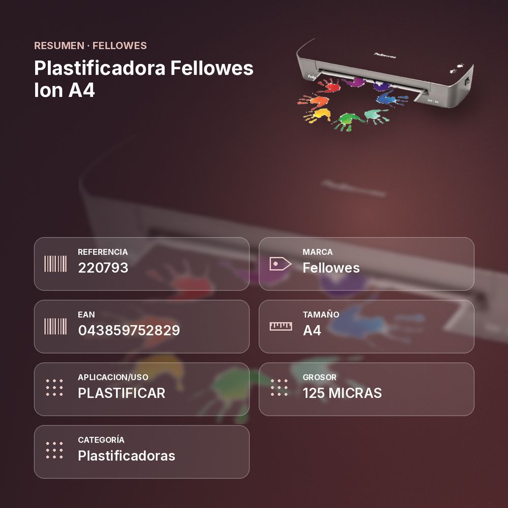 PLASTIFICADORA FELLOWES ION A4 - resumen de atributos