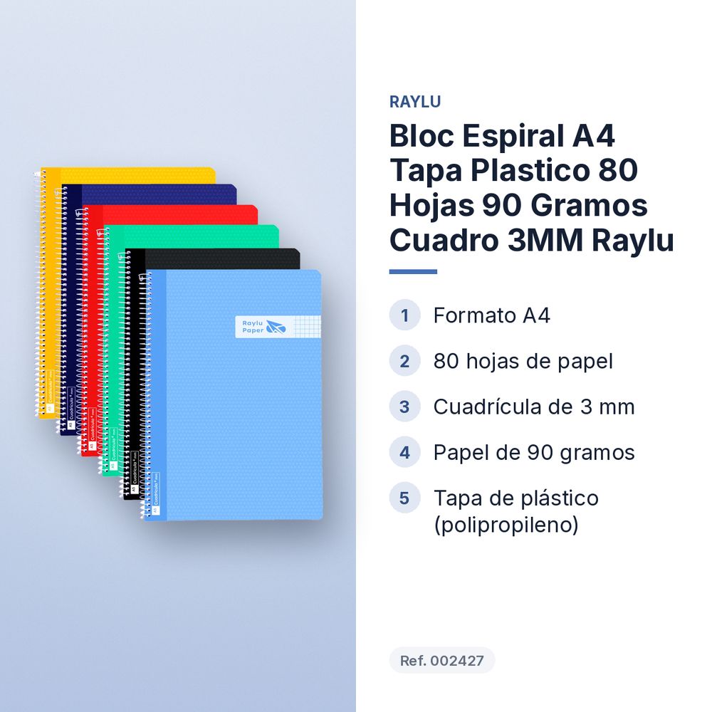 BLOC ESPIRAL A4 TAPA PLASTICO 80 HOJAS 90 GRAMOS CUADRO 3MM RAYLU - características principales