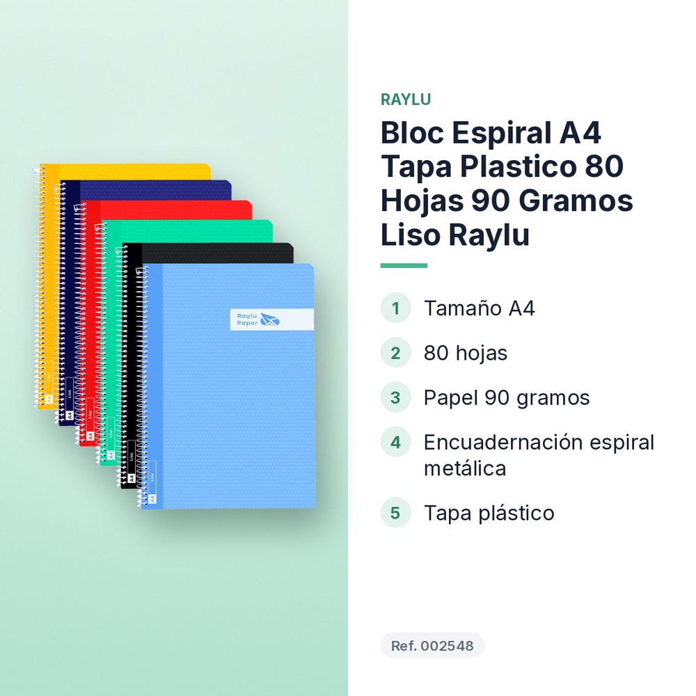 BLOC ESPIRAL A4 TAPA PLASTICO 80 HOJAS 90 GRAMOS LISO RAYLU - características principales