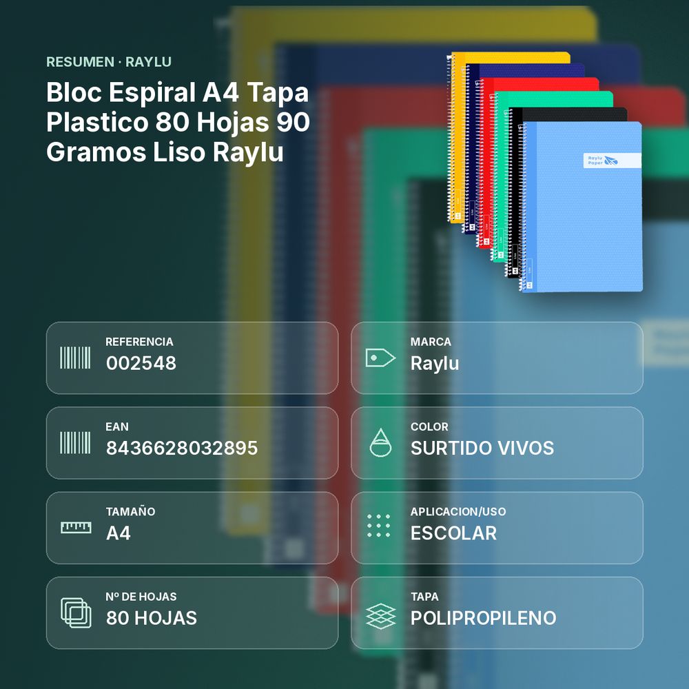 BLOC ESPIRAL A4 TAPA PLASTICO 80 HOJAS 90 GRAMOS LISO RAYLU - resumen de atributos