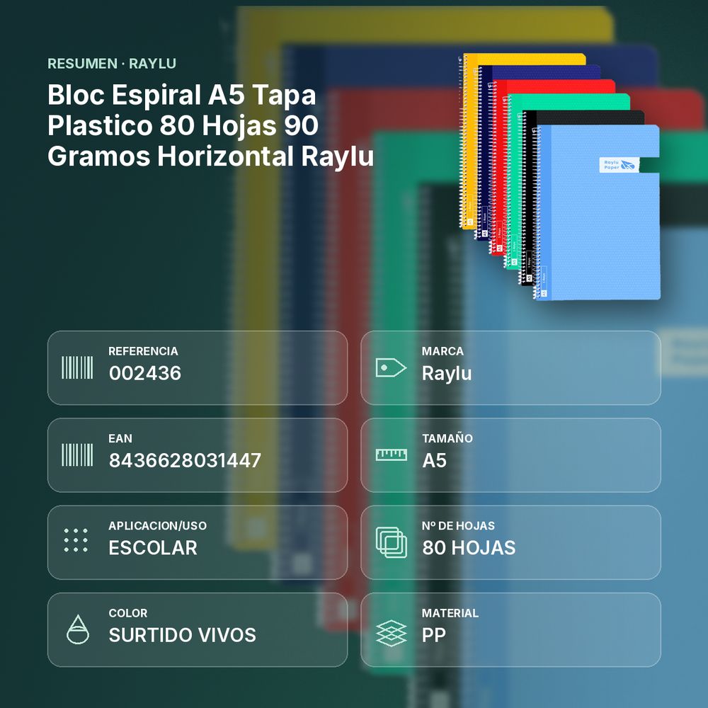 BLOC ESPIRAL A5 TAPA PLASTICO 80 HOJAS 90 GRAMOS HORIZONTAL RAYLU - resumen de atributos