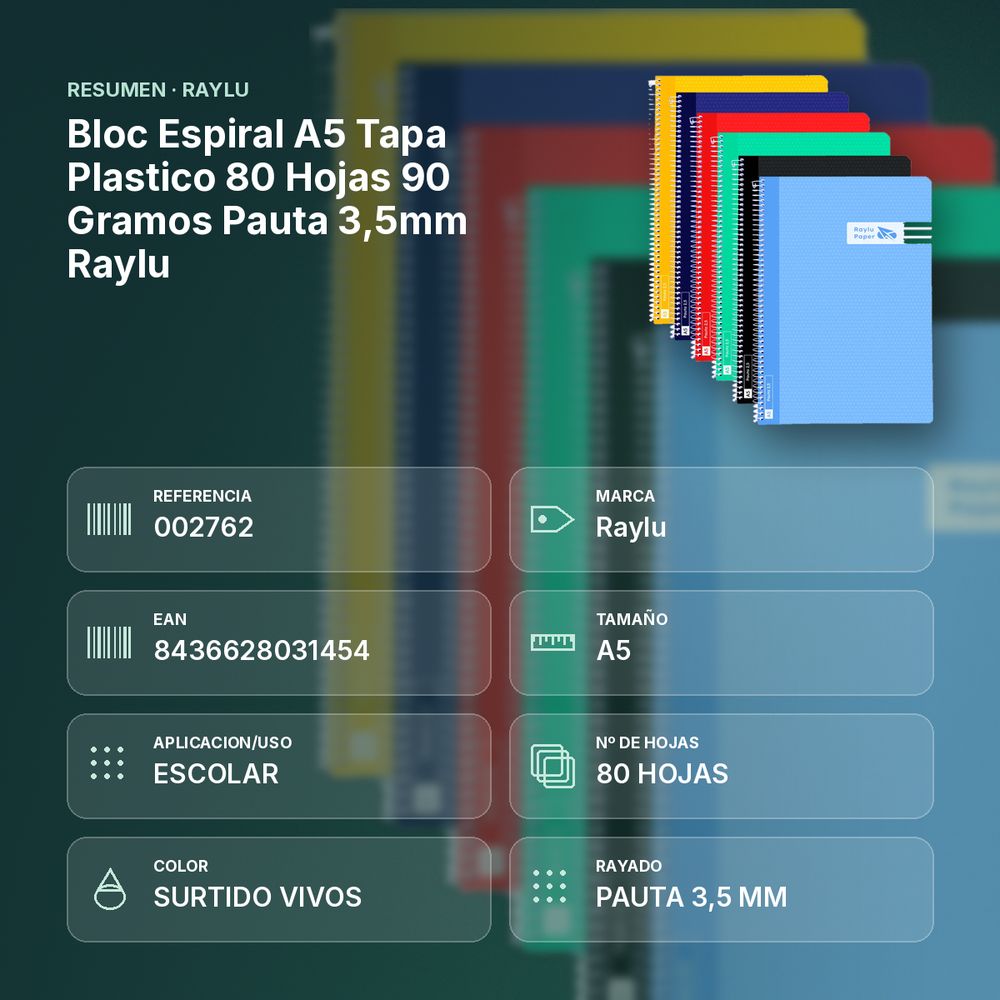 BLOC ESPIRAL A5 TAPA PLASTICO 80 HOJAS 90 GRAMOS PAUTA 3,5MM RAYLU - resumen de atributos