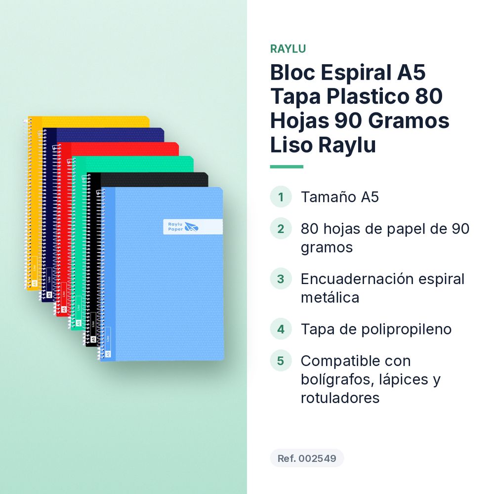 BLOC ESPIRAL A5 TAPA PLASTICO 80 HOJAS 90 GRAMOS LISO RAYLU - características principales
