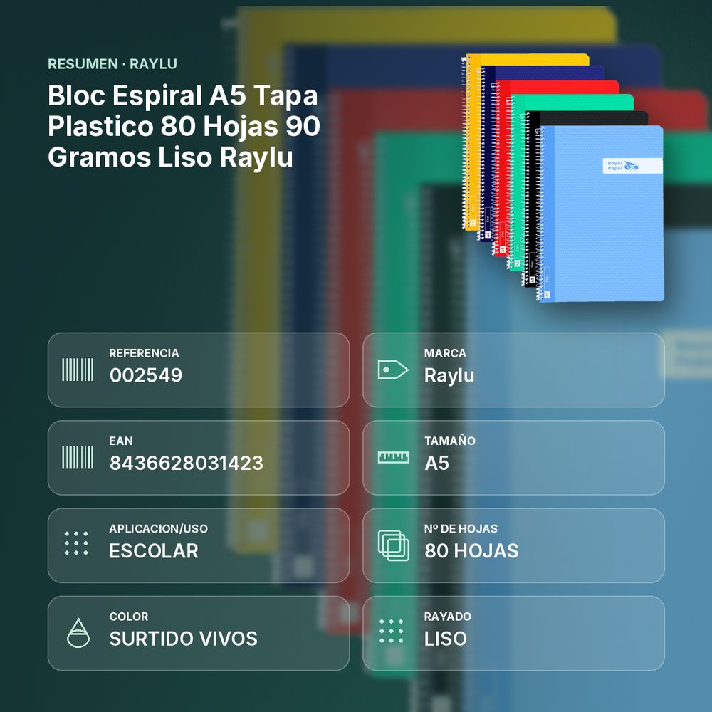 BLOC ESPIRAL A5 TAPA PLASTICO 80 HOJAS 90 GRAMOS LISO RAYLU - resumen de atributos