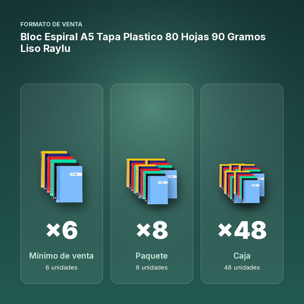BLOC ESPIRAL A5 TAPA PLASTICO 80 HOJAS 90 GRAMOS LISO RAYLU - formato de venta: paquete de 8, caja de 48, palé de 1920
