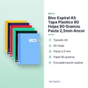 BLOC ESPIRAL A5 TAPA PLASTICO 80 HOJAS 90 GRAMOS PAUTA 2,5MM ANCOR - características principales