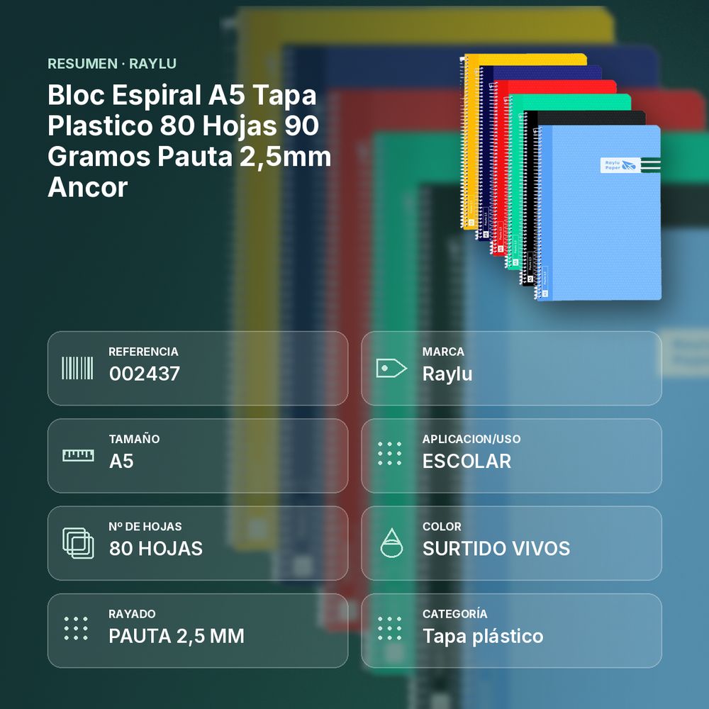 BLOC ESPIRAL A5 TAPA PLASTICO 80 HOJAS 90 GRAMOS PAUTA 2,5MM ANCOR - resumen de atributos