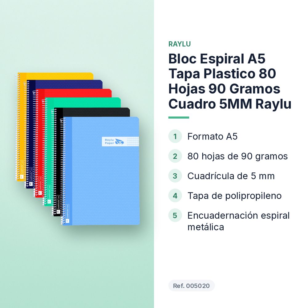BLOC ESPIRAL A5 TAPA PLASTICO 80 HOJAS 90 GRAMOS CUADRO 5MM RAYLU - características principales