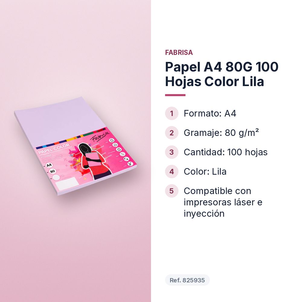 PAPEL A4 80G 100 HOJAS COLOR LILA - características principales
