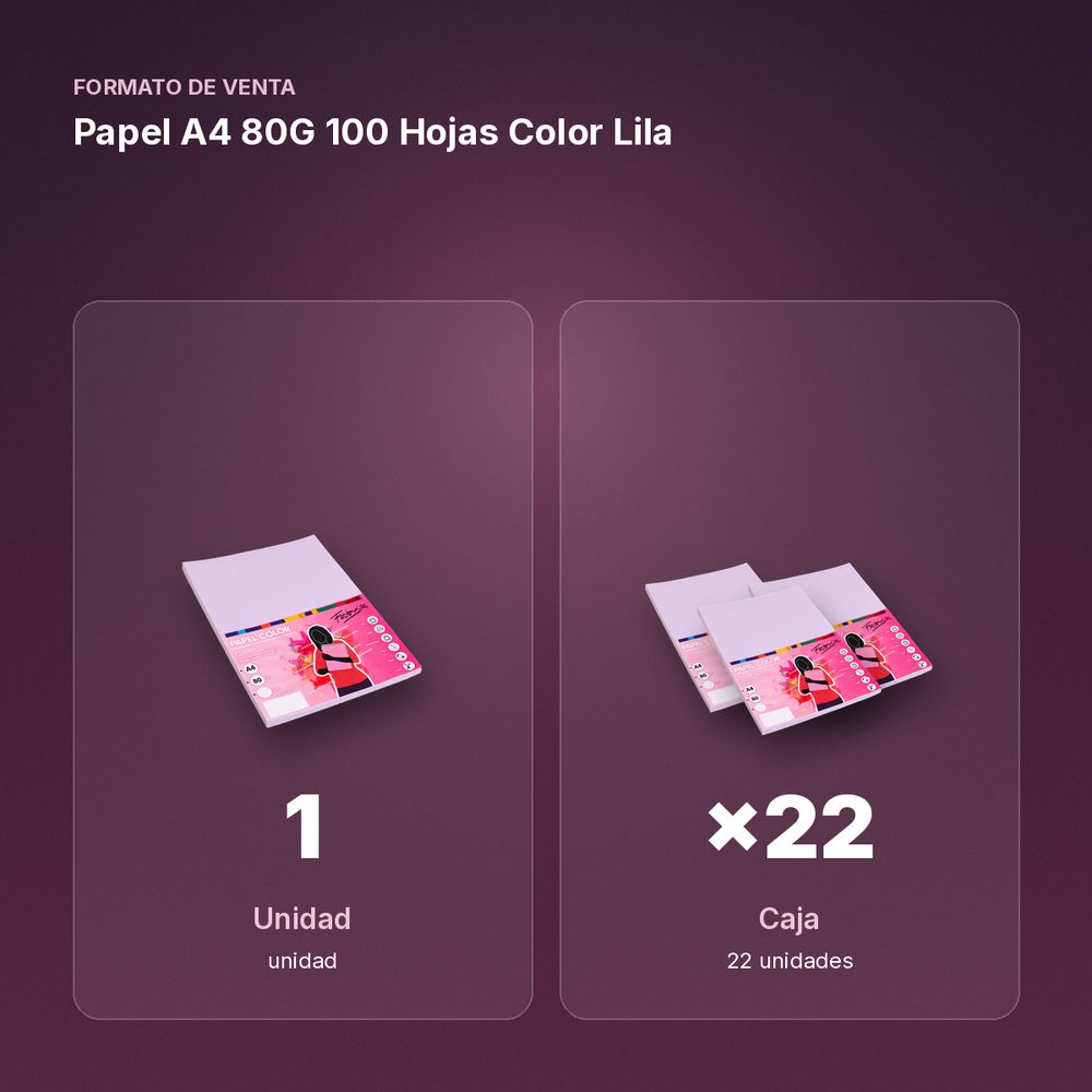PAPEL A4 80G 100 HOJAS COLOR LILA - formato de venta: caja de 22