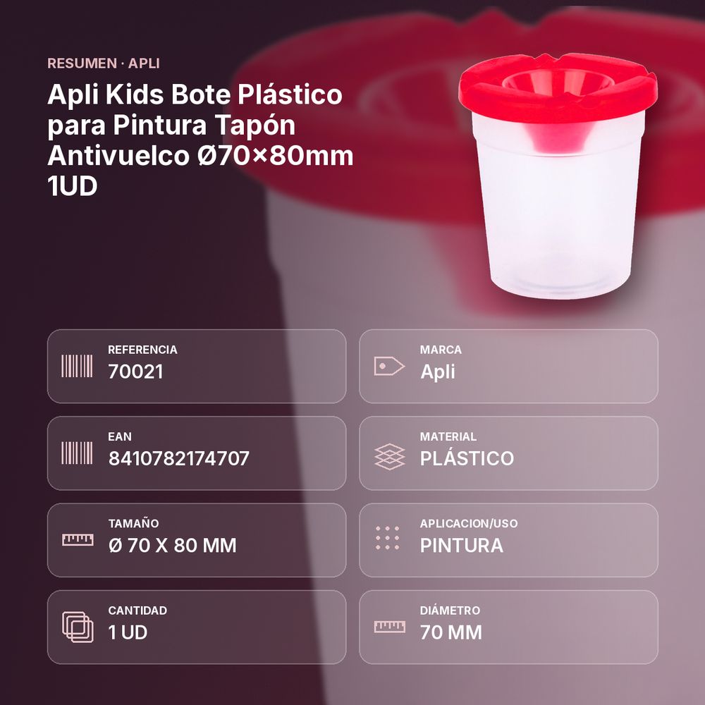 APLI KIDS BOTE PLÁSTICO PARA PINTURA TAPÓN ANTIVUELCO Ø70×80MM 1UD - resumen de atributos