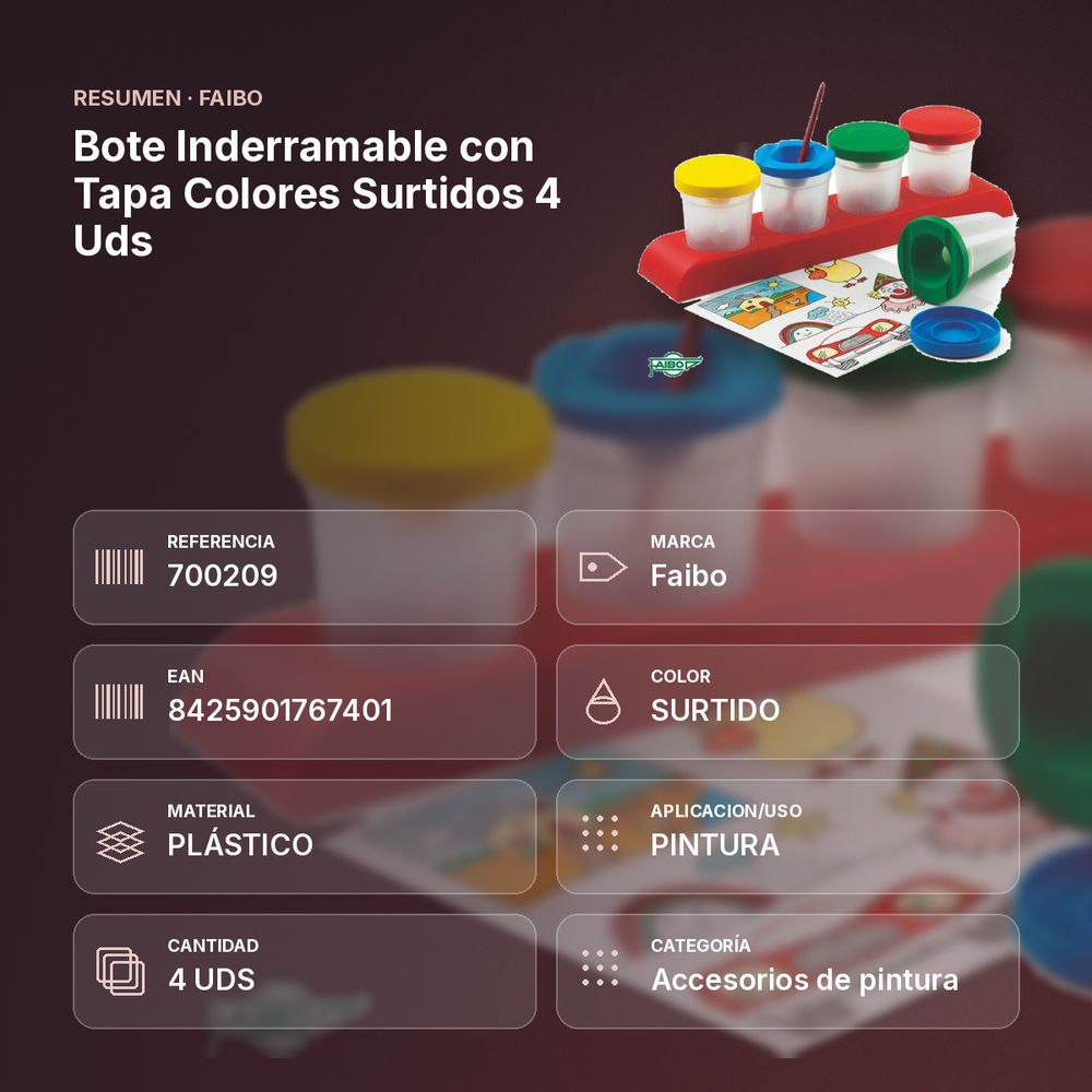 BOTE INDERRAMABLE CON TAPA COLORES SURTIDOS 4 UDS - resumen de atributos