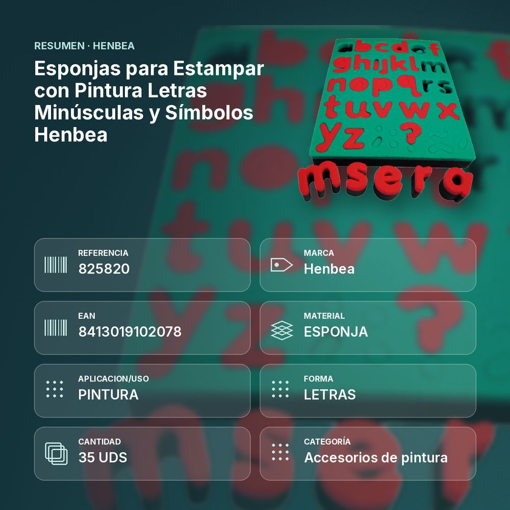 ESPONJAS PARA ESTAMPAR CON PINTURA LETRAS MINÚSCULAS Y SÍMBOLOS HENBEA - resumen de atributos