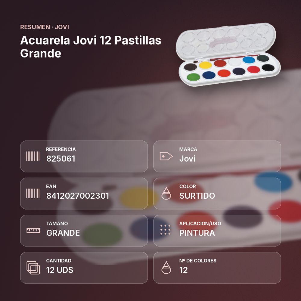 ACUARELA JOVI 12 PASTILLAS GRANDE - resumen de atributos