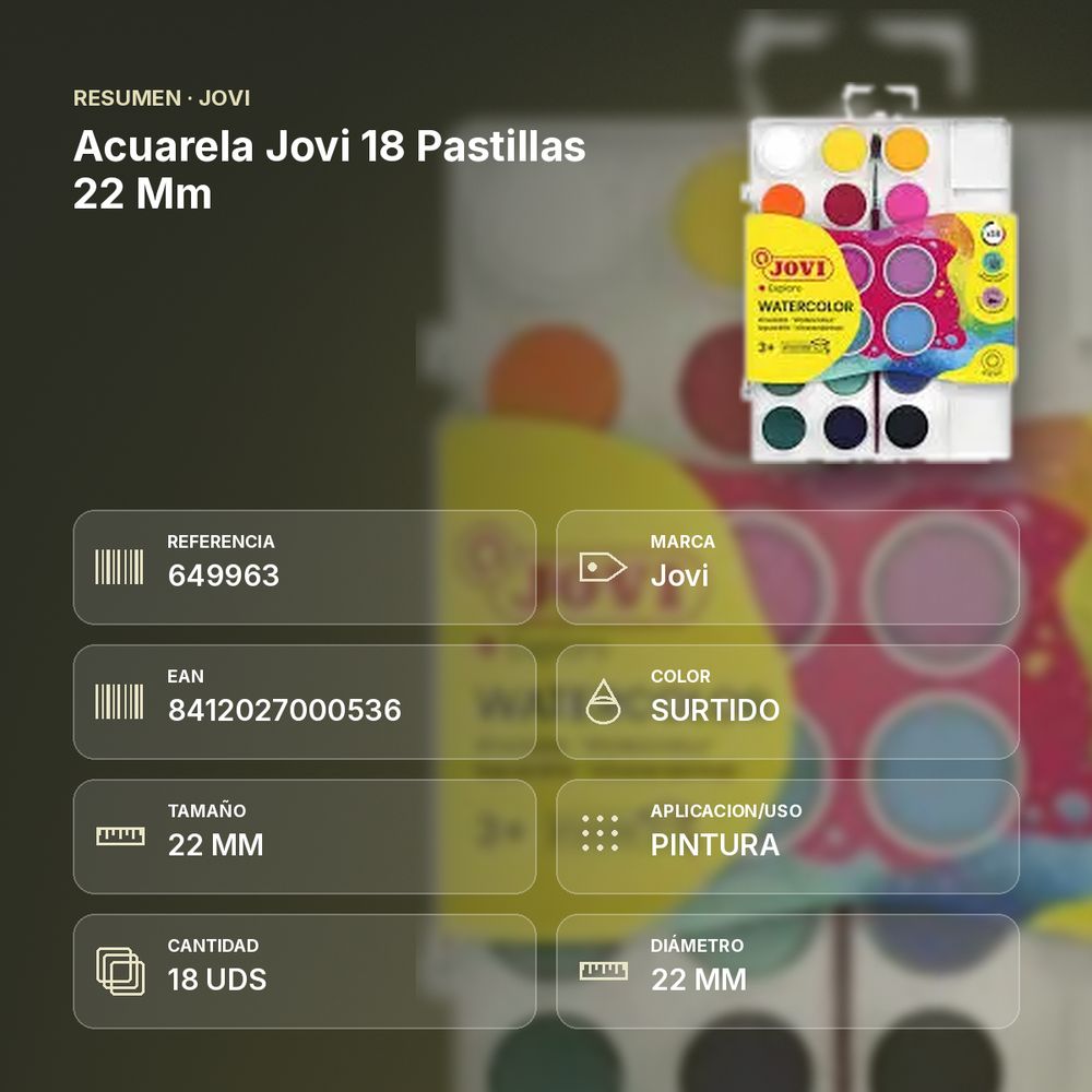ACUARELA JOVI 18 PASTILLAS 22 MM - resumen de atributos