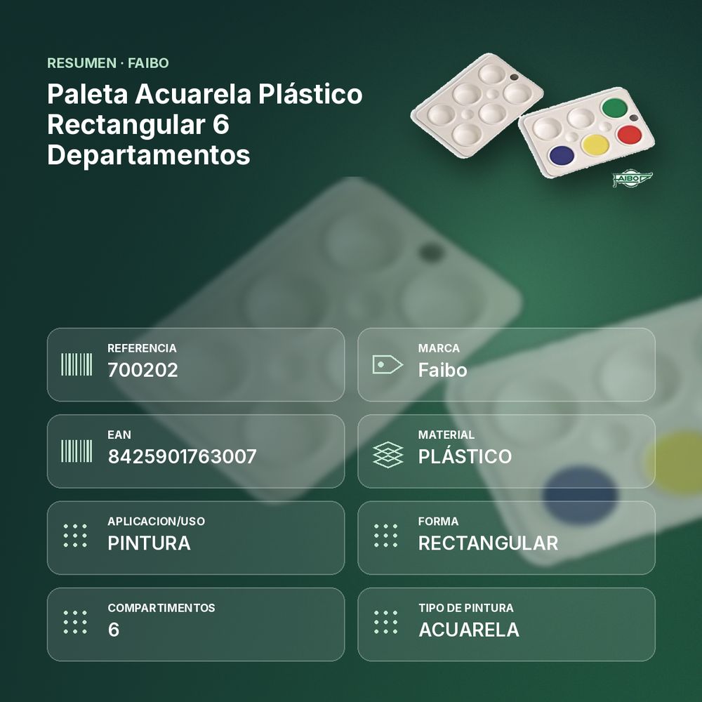 PALETA ACUARELA PLÁSTICO RECTANGULAR 6 DEPARTAMENTOS - resumen de atributos