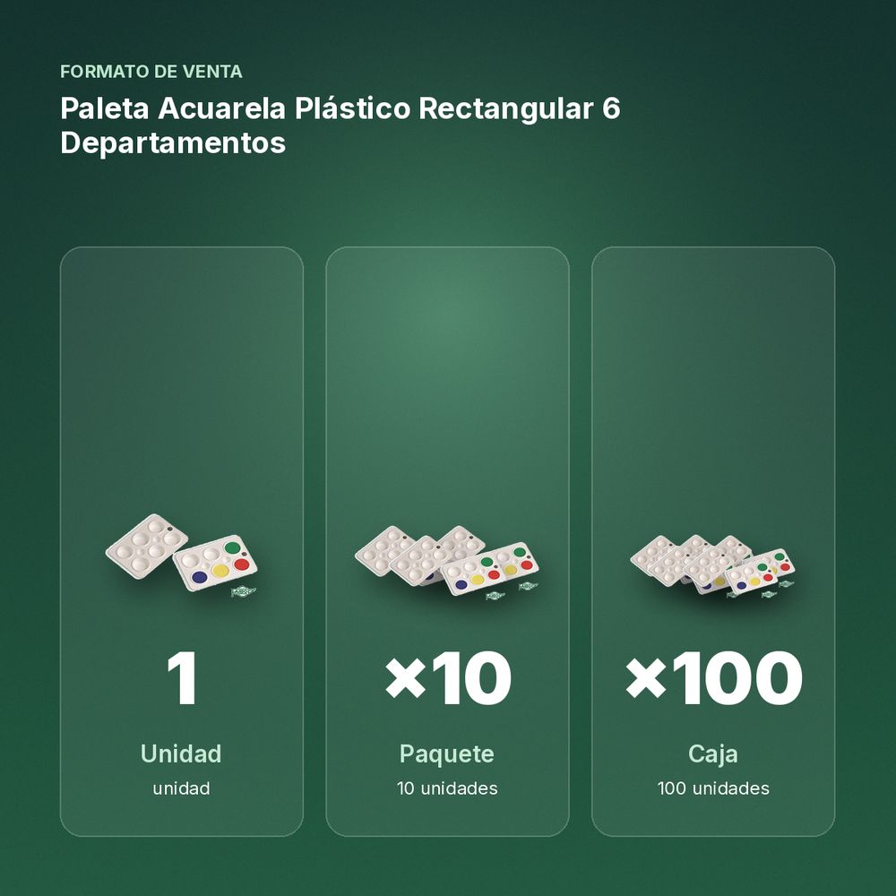 PALETA ACUARELA PLÁSTICO RECTANGULAR 6 DEPARTAMENTOS - formato de venta: paquete de 10, caja de 100