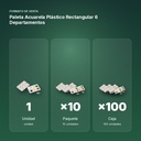 PALETA ACUARELA PLÁSTICO RECTANGULAR 6 DEPARTAMENTOS - formato de venta: paquete de 10, caja de 100