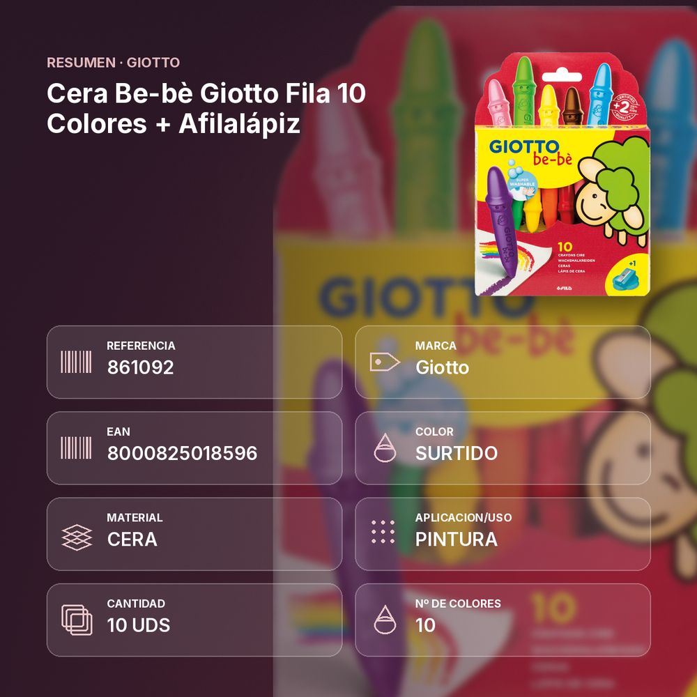 CERA BE-BÈ GIOTTO FILA 10 COLORES + AFILALÁPIZ - resumen de atributos