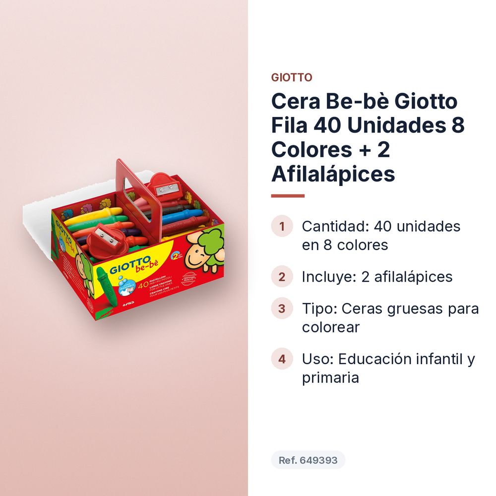 CERA BE-BÈ GIOTTO FILA 40 UNIDADES 8 COLORES + 2 AFILALÁPICES  - características principales