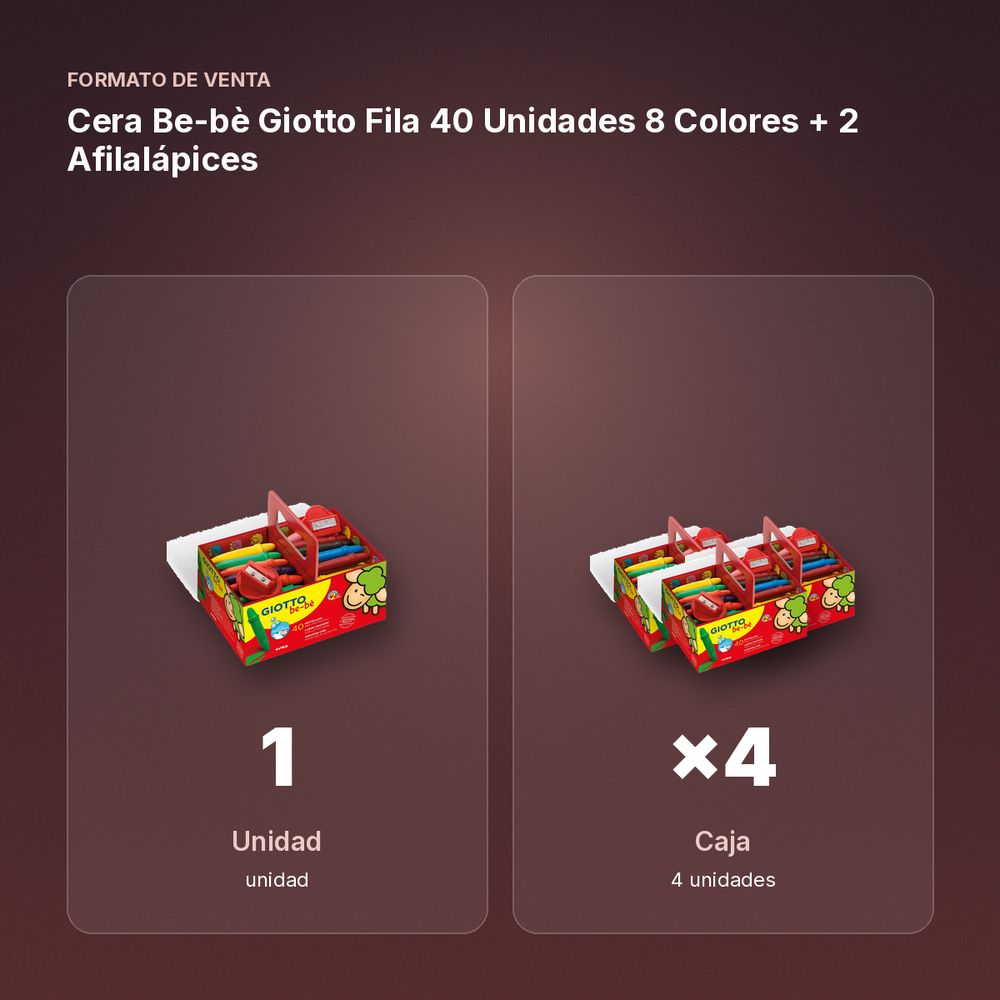 CERA BE-BÈ GIOTTO FILA 40 UNIDADES 8 COLORES + 2 AFILALÁPICES  - formato de venta: caja de 4