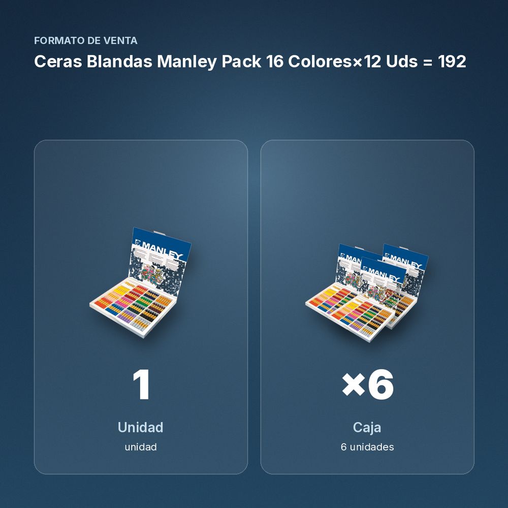 CERAS BLANDAS MANLEY PACK 16 COLORES×12 UDS = 192  - formato de venta: caja de 6