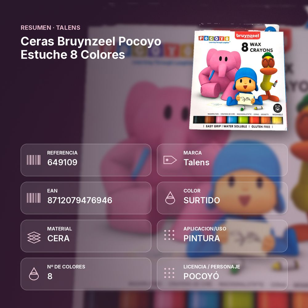 CERAS BRUYNZEEL POCOYO ESTUCHE 8 COLORES - resumen de atributos