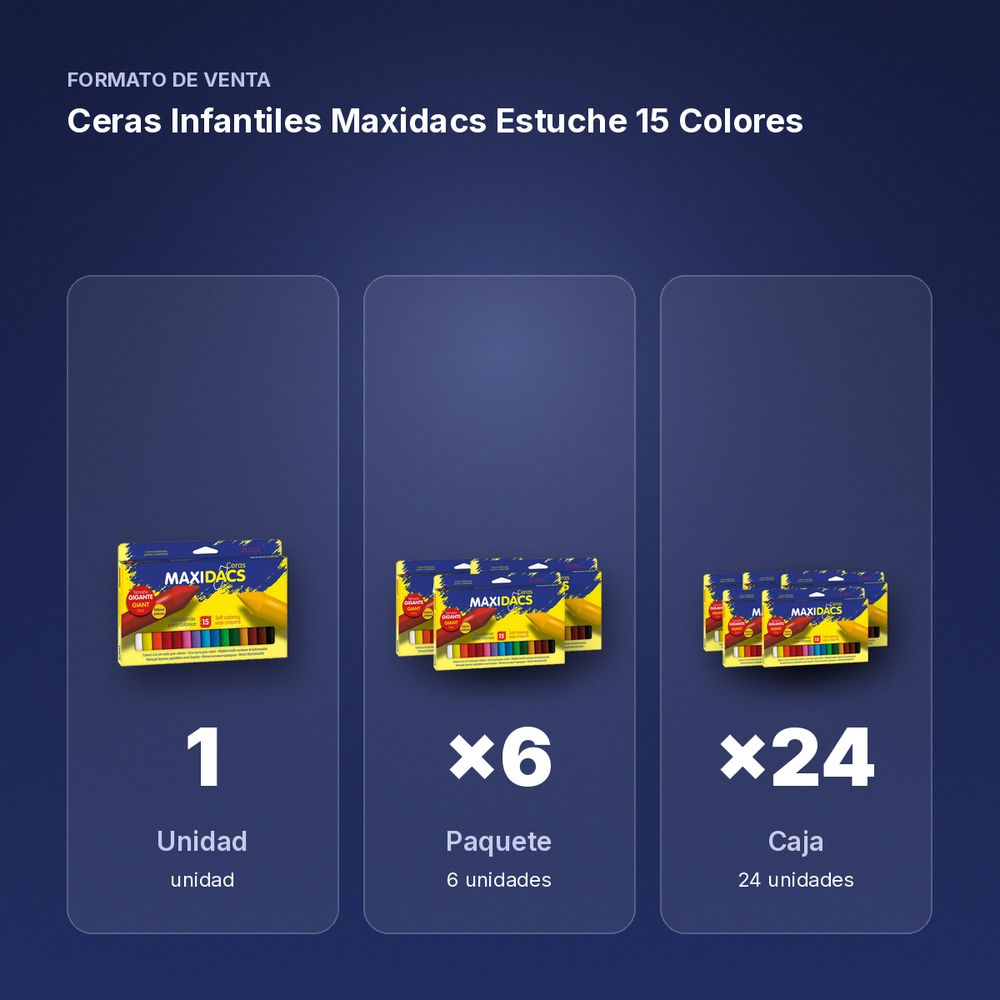 CERAS INFANTILES MAXIDACS ESTUCHE 15 COLORES - formato de venta: paquete de 6, caja de 24