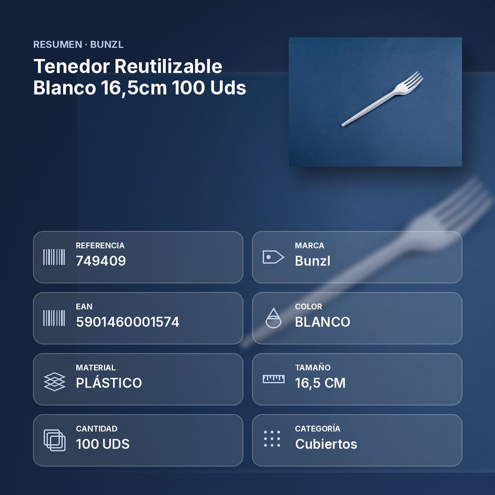 TENEDOR REUTILIZABLE BLANCO 16,5CM 100 UDS - resumen de atributos