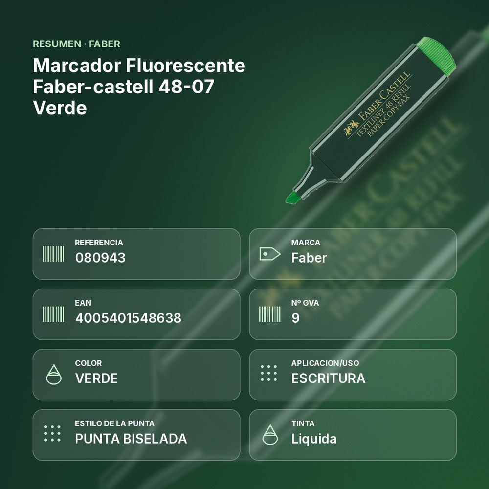 MARCADOR FLUORESCENTE FABER-CASTELL 48-07 VERDE - resumen de atributos