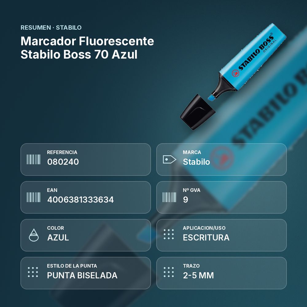MARCADOR FLUORESCENTE STABILO BOSS 70 AZUL - resumen de atributos