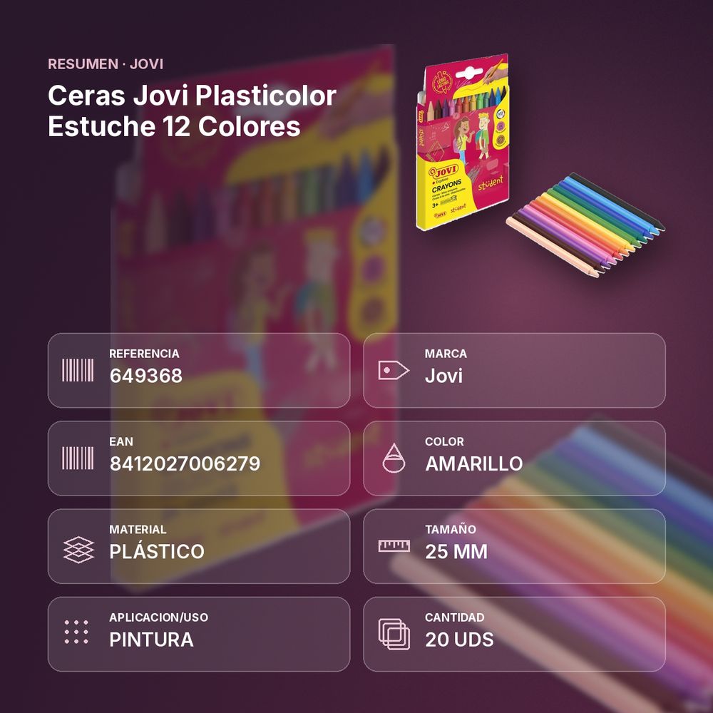 CERAS JOVI PLASTICOLOR ESTUCHE 12 COLORES - resumen de atributos