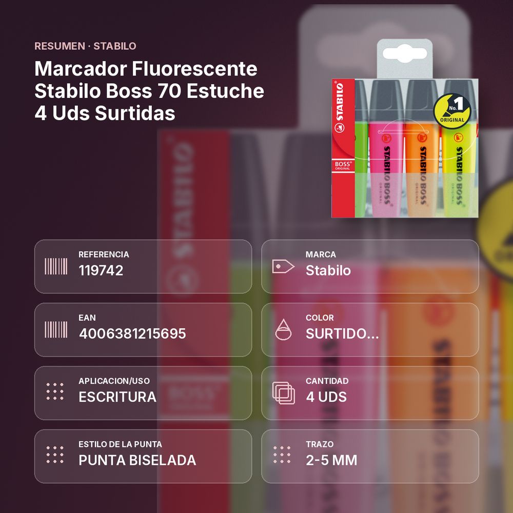 MARCADOR FLUORESCENTE STABILO BOSS 70 ESTUCHE 4 UDS SURTIDAS - resumen de atributos