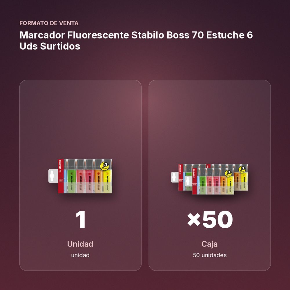 MARCADOR FLUORESCENTE STABILO BOSS 70 ESTUCHE 6 UDS SURTIDOS - formato de venta: caja de 50
